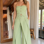 Strapless Button-Front Top and Pleated Wide-Leg Pants Two-Piece Set