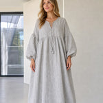 Women's Boho Lace-Up Tassel Maxi Dress Long Balloon Sleeve Textured Caftan
