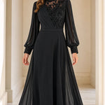 Embellished High Neck Long Sleeve Chiffon Maxi Evening Gown