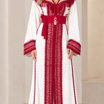 Embroidered Moroccan Caftan Maxi Dress with Fringe & Embellished Belt