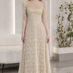 High Neck Beaded Mesh Long Sleeve A-Line Evening Gown