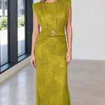 Elegance Embroidered Maxi Dress with Gold Buckle Accent