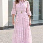 Floral Lace Button-Down Shirt Midi Dress with Ornate Buckle Belt