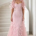 Feather Applique Sequin Embroidered Evening Gown with Tulle Overskirt