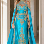 Halter Neck Embroidered Cape Evening Gown with Beaded Fringe