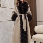Women's Elegant Faux Fur Trim Belted Long Wool-Blend Overcoat