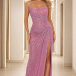 Strapless Shimmer Draped Evening Gown with Slit