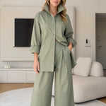 Women's Relaxed Button-Down Shirt and Wide-Leg Trousers Two-Piece Set