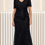 Sequined Embroidered Peplum Evening Gown with Short Sleeves