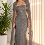 Strapless Beaded Column Evening Gown with Dramatic Sheer Cape