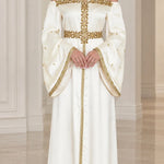 Embellished Off-Shoulder Halter Neck Satin Maxi Dress with Bell Sleeves