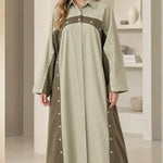 Colorblock Button Accent Maxi Shirt Dress Modest Long Sleeve Kaftan