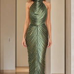 High Neck Pleated Shimmer Backless Maxi Evening Dress