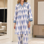 Women's Embellished Collar Ikat Print Tunic and Pants Two-Piece Set