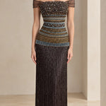 Off-the-Shoulder Beaded Fringe Column Evening Gown