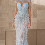 Exquisite Beaded Illusion Feather Evening Gown