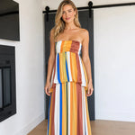 Women's Strapless Striped Tiered Maxi Dress with Smocked Back