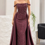 Off-Shoulder Beaded Evening Gown with Overskirt