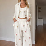 Floral Embroidered 3-Piece Pantsuit Set with Corset Top & Wide-Leg Trousers
