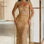 Sequined Beaded Mermaid Evening Gown with Beaded Fringe Capelet