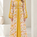 Floral Embroidered Moroccan Kaftan Maxi Dress with Belt