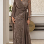 Elegant Beaded Chiffon Evening Gown with Draped Cape Sleeve