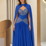 Elegant Embellished Cape Evening Gown with Pleated Skirt