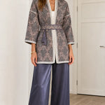 Women's Elegant Jacquard Belted Kimono Cardigan with Tassel Tie