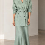 Women's Double-Breasted Belted Blazer and Flared Maxi Skirt 2-Piece Suit Set