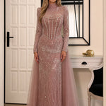 High Neck Beaded Long Sleeve Evening Gown with Tulle Overskirt