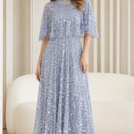 Elegant Sequin Embellished Mesh Overlay Maxi Dress