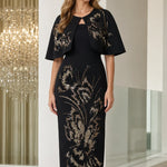 Sequined Floral Capelet Sheath Midi Dress