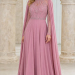 Elegant Beaded High-Neck Chiffon Evening Gown with Cape Sleeves