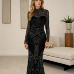 High Neck Sequin Embellished Long Sleeve Formal Maxi Evening Gown
