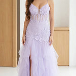 Floral Lace Corset Bodice Tulle Maxi Evening Gown with Slit