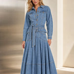 Long Sleeve Belted Button-Down Denim Maxi Shirt Dress