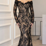 Off-Shoulder Sequin Lace Long Sleeve Mermaid Evening Gown