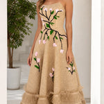 Stunning Embroidered Floral Strapless Midi Dress