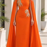 Elegant Evening Dress with Attached Cape & Gold Embroidery