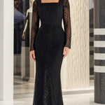 Square Neck Corset Bodice Beaded Mermaid Evening Gown with Long Sleeves