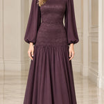 Elegant Mock Neck Lace Bodice Long Sleeve Chiffon Maxi Dress