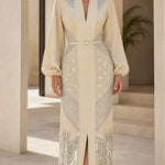 Sequin & Beaded Belted Maxi Gown with Bishop Sleeves