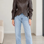 Women's High Neck Buckle Faux Leather Jacket with Pointed Hem
