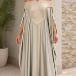 Off-the-Shoulder Pleated Yoke Kaftan Maxi Dress with Slit Cape Sleeves