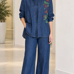 Women's Floral Embroidered Denim Shirt and Wide-Leg Pants Set