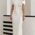 Asymmetrical Off-Shoulder Rhinestone Embellished Column Maxi Gown