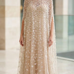 Sequined Beaded High-Neck Cape Evening Gown