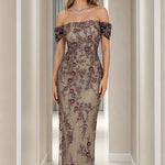 Off-the-Shoulder Floral Embroidered Beaded Maxi Evening Gown