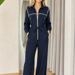 Women's Contrast Piping Zip-Front Wide-Leg Jumpsuit with Drawstring Waist