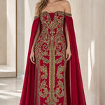 Off-the-Shoulder Embroidered Cape Evening Gown